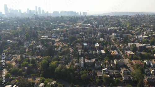 Aerial / drone footage of Capitol Hill, Miller Park, Squire Park, Stevens near downtown Seattle with smoke in the air from the Washington State wildfires in Seattle, Washington photo