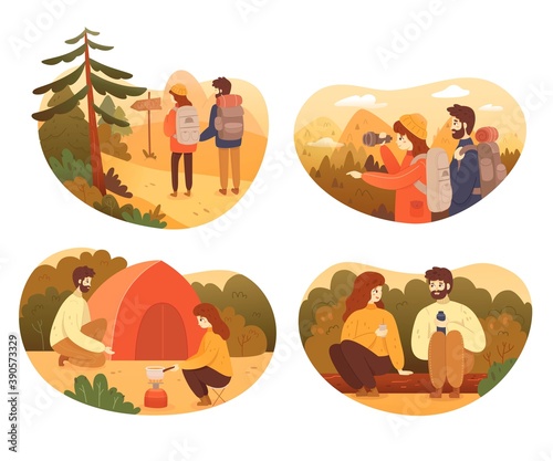 People traveling in forest illustration set. Couple trekking in mountains and camping with backpacks. Tourist outdoor scene vector. Sitting together drinking, walking, preparing food
