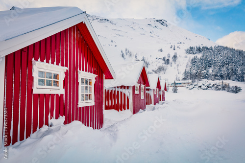Traditional Norwegian red wooden houses under the fresh snow. Bright winter scene of Lofoten islands on the shore of Kongsjordpollen fjord, Vestvagoy, Norway. Life over polar circle. photo