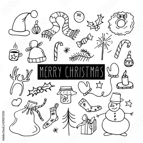 Christmas Doodle set with snowman,wreath, sparklers, Holly, gift bag,Christmas balloon and other cute decorations. Hand drawn vector illustration used for seasonal design,packaging of advent calendars