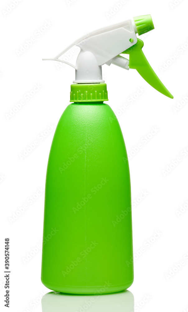 Spray bottle in green color, moisture sprayer, closeup photo of one object, isolated on white background Spray bottle in green color, moisture sprayer, closeup photo of one object, isolated on white background