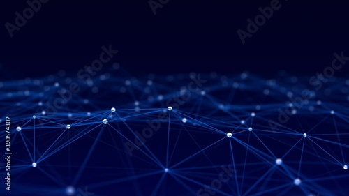 Abstract network of connected dots and lines. Perspective grid. Big data. Digital background. Seamless loop. 3D rendering.