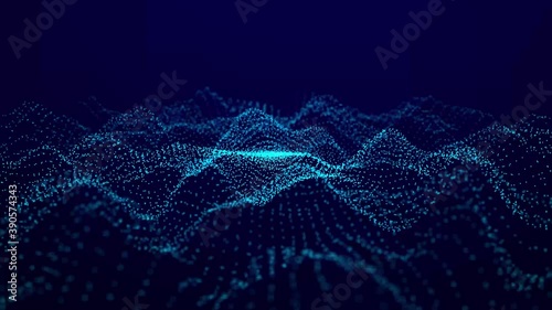 Abstract gradient dynamic wave of glowing particles. Network of neon dots. Big data. Digital background. Seamless loop. 3d rendering