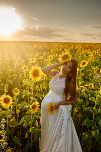 Beautiful caucasian pregnant woman walking in the summer at sunset in a field of blooming sunflower © Maria