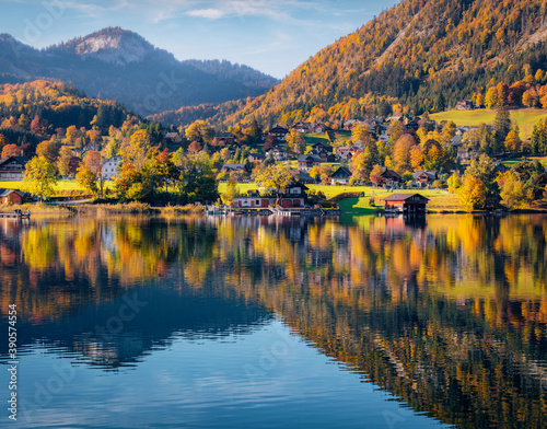 Astonishing morning view of Altausseer lake, Austrian Alps. Attractive autumn scene of Altaussee village, Austria, Europe. Traveling concept background.