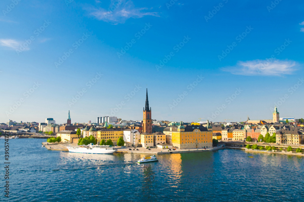 Watercolor drawing of Aerial panoramic top view of Riddarholmen district with Riddarholm Church and typical sweden gothic buildings, boat ship sailing on water of Lake Malaren in Stockholm, Sweden