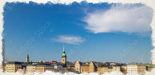 Watercolor drawing of Aerial top view of Stockholm skyline with traditional buildings and Lutheran German Church on Kornhamnstorg harbour square in old historical town quarter Gamla Stan, Sweden photo