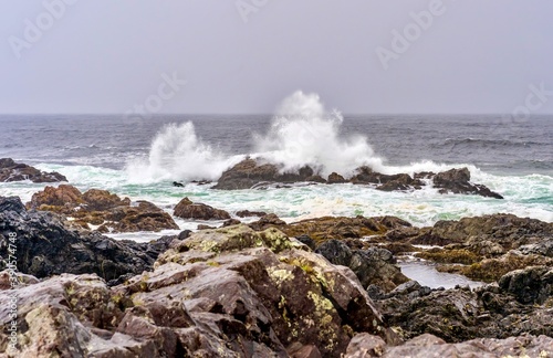 waves crashing on rocks at Ucluelet, Vancouver Island, British Columbia, Canada 