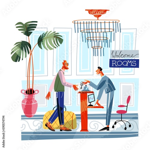 Hotel scene with guy checking in. Man at reception counter with luggage, receptionist giving key from room. Happy holiday vacation vector illustration. Male staying at modern hotel