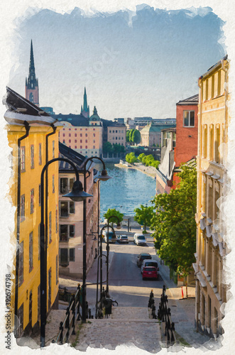 Watercolor drawing of Narrow Street staircase down to Lake Malaren in Sodermalm island disrict with traditional typical buildings and view of Gamla Stan and Riddarholm Church spire, Stockholm, Sweden photo