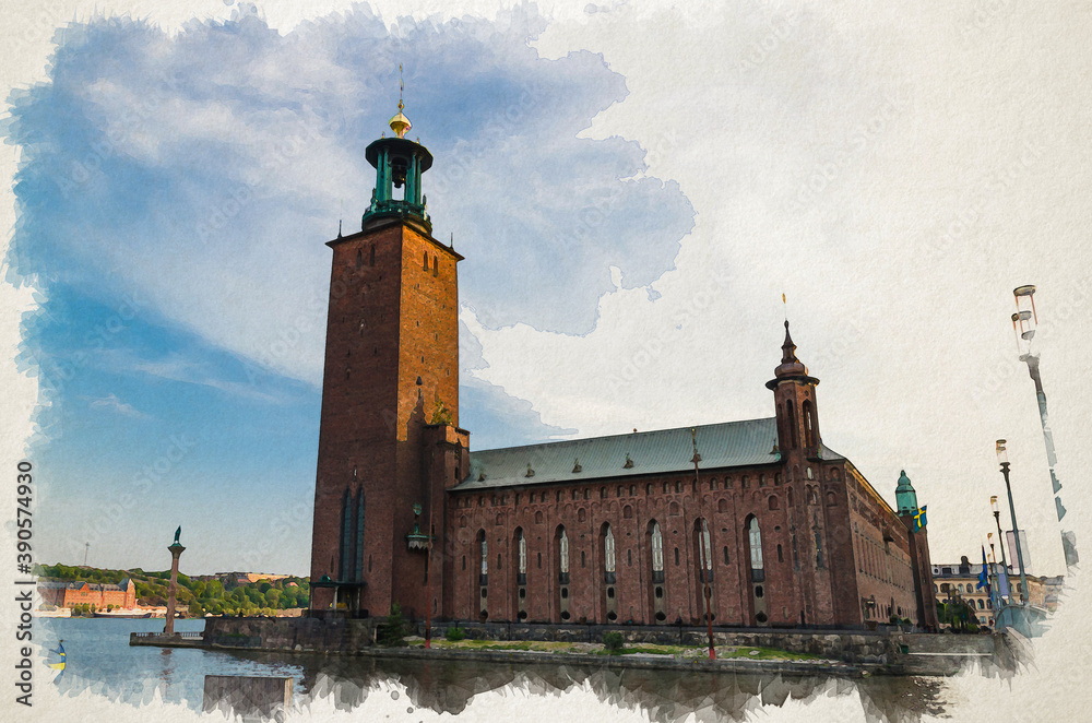 Watercolor drawing of Stockholm City Hall Stadshuset tower building of Municipal Council, venue of Nobel Prize on Kungsholmen Island in old town near Lake Malaren with blue sky white clouds, Sweden