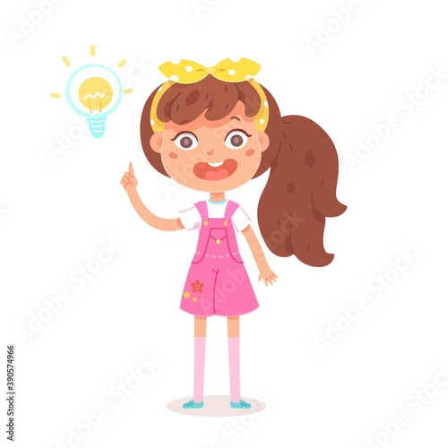 Girl has idea  brainstorming  light bulb sign over head. Child wears dress and bow in hair  isolated on white background. Vector character illustration of children gestures  emotions  types of moods.