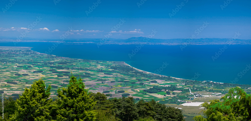 Watercolor drawing of Panoramic view of Thermaikos Gulf of Aegean sea and Khalkidiki or Halkidiki peninsula seen from Olympus mountains in Greece