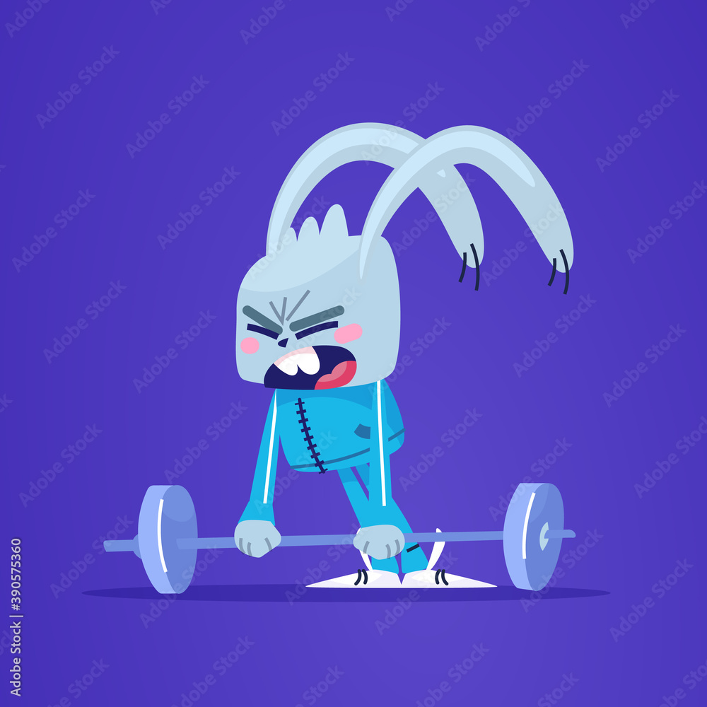 The rabbit goes in for sports. The hare tries to lift the barbell. Vector illustration