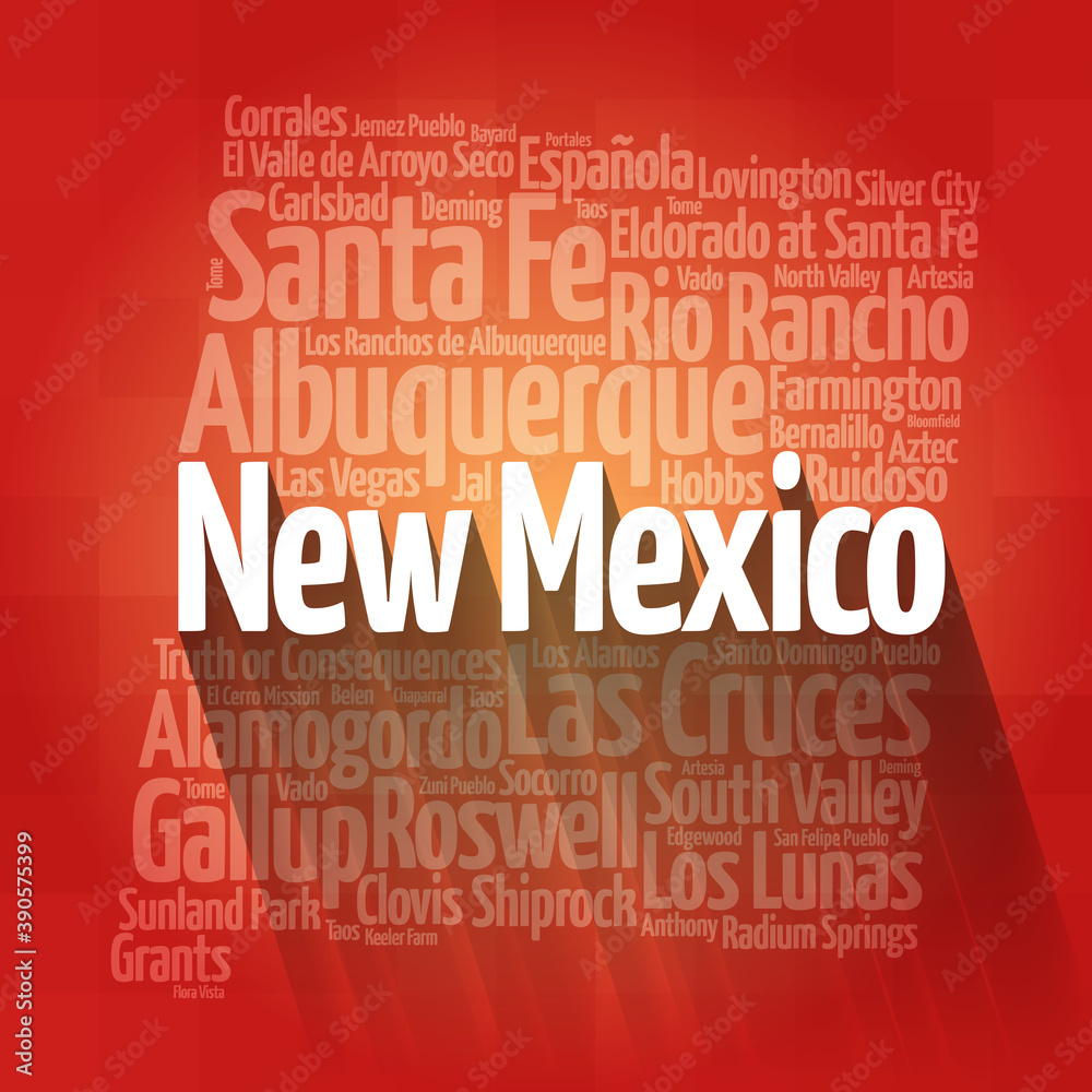 List of cities in New Mexico USA state, map silhouette word cloud, map
