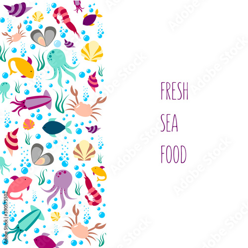 Vector illustration of seafood background for a restaurant or café banner, poster, logo, advertisement design. Pattern for template, billboard, printing, booklet, package, menu design