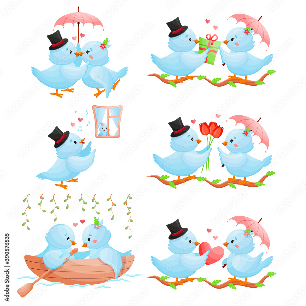 Blue birds romantic love set. 