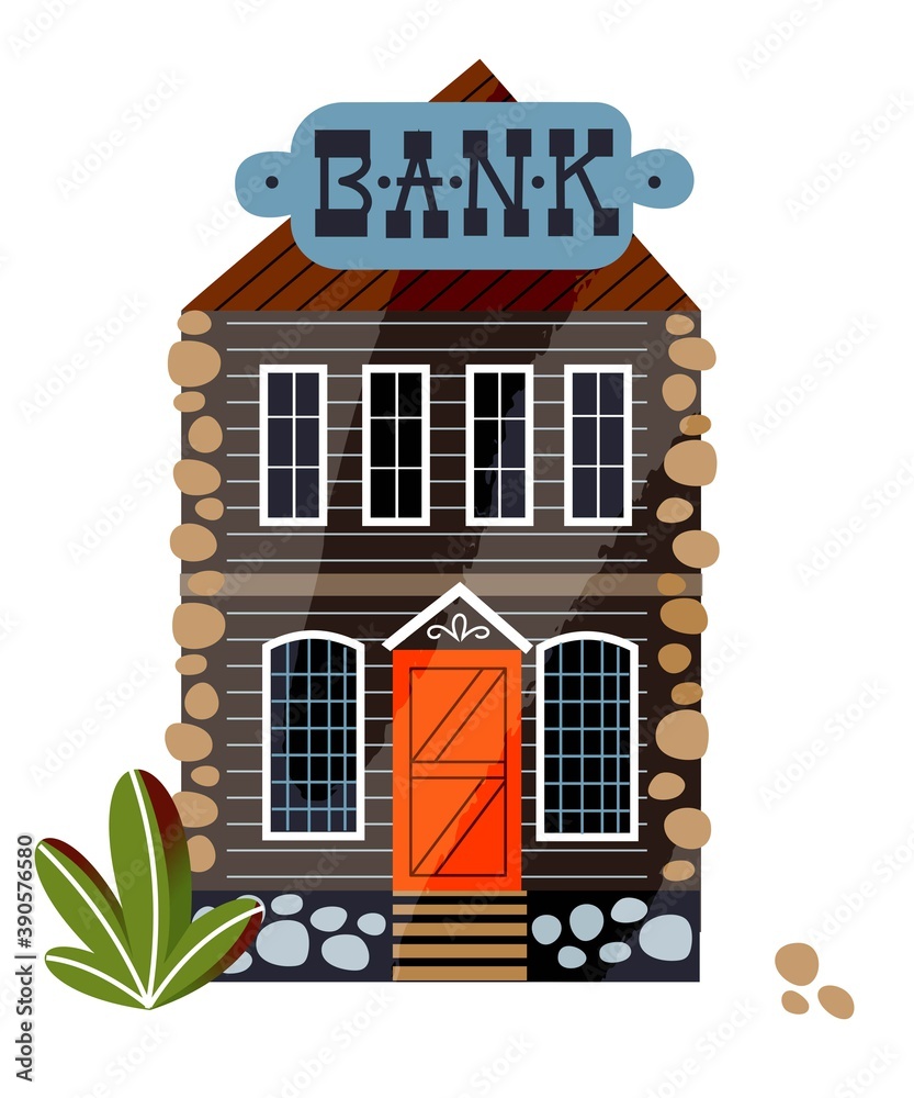 Obraz premium Wild west bank building background. Western american town in wilderness vector illustration. Financial house with door, windows and banner front view. Cactus and rocks on desert land