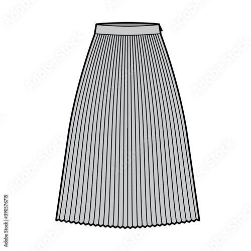 Skirt sunray pleat technical fashion illustration with below-the-knee midi length silhouette, circular fullness. Flat bottom template front, grey color style. Women, men, unisex CAD mockup