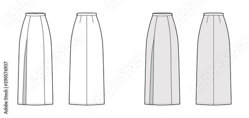 Skirt slit maxi technical fashion illustration with floor ankle lengths silhouette, pencil fullness. Flat bottom template front, back, white grey color style. Women men unisex CAD mockup photo