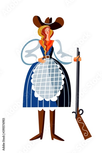 Wild west woman with rifle character. Western american armed person vector illustration. Young girl in blue dress and hat standing and holding gun isolated on white background