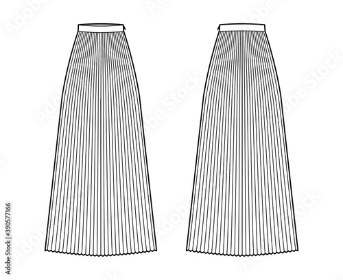 Skirt sunray pleat maxi technical fashion illustration with floor ankle length silhouette, circular fullness. Flat bottom template front, back, white color style. Women, men, unisex CAD mockup