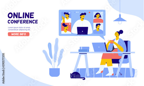 Collective virtual meeting. Woman at laptop chatting with people online. Group video conference. Flat Vector illustration