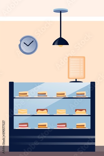 Cakes display in modern cafe. Cosy cafeteria or bakery with cakes on shelves, interior design vector illustration. View on variety of sweet food, menu standing, clock on wall