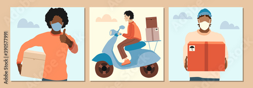 Set of delivery man wearing face masks, riding moped and holding delivery boxes, food, etc. Hand drawn illustration in modern, trendy colors. Delivery servise concept, vector illustration.