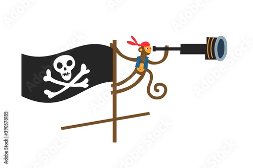 Pirate monkey holding spyglass, flag with skeleton symbol. Sailing ship with piratic emblem on black flag, animal on white background. Adventure and marine piracy vector illustration photo