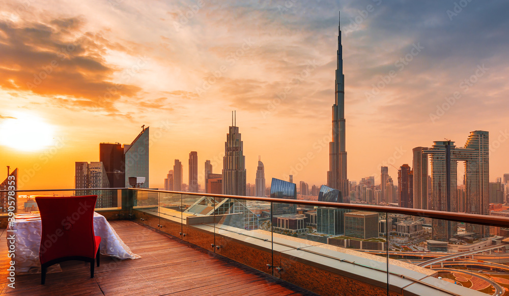 Dubai city center view at sunrise, United Arab Emirates
