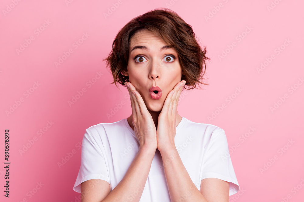 Close-up portrait of lovely amazed brown-haired girl got unexpected news pout lips isolated over pink pastel color background Close-up portrait of lovely amazed brown-haired girl got unexpected news pout lips isolated over pink pastel color background