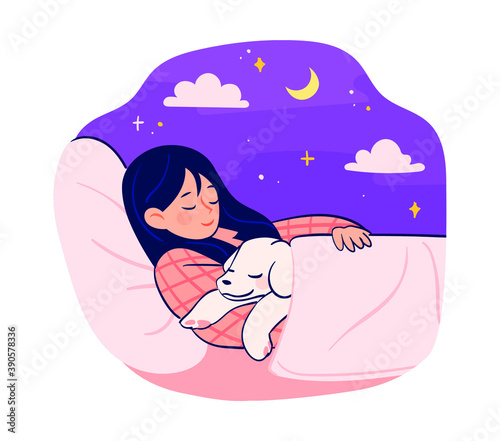 The cute dog and the woman sleep together in bed. Daily life with companion animals, concept illustration for a good night's sleep.