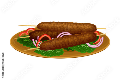 Skewered Kofta or Meatloaf Rested on Plate with Green Vegetables and Onion as Egyptian Dish Vector Illustration