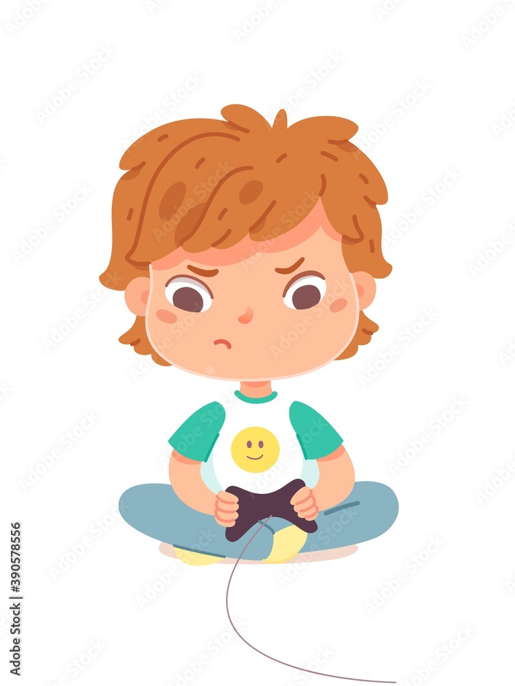 Kid playing video games at home. Sad angry boy playing videogames, sitting with joystick in hands on white background. Entertainment at home with technology vector illustration