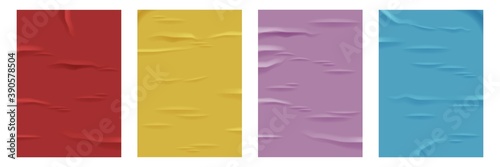 Colored glued rectangular placards or posters set. 3d blank paper sheets vector illustration. Wrinkled crumpled bad shining papers of different color: red, yellow, purple, blue