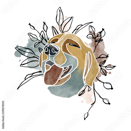 Hand drawn watercolor abstract dog portrait with watercolor swoosh's and line art plants