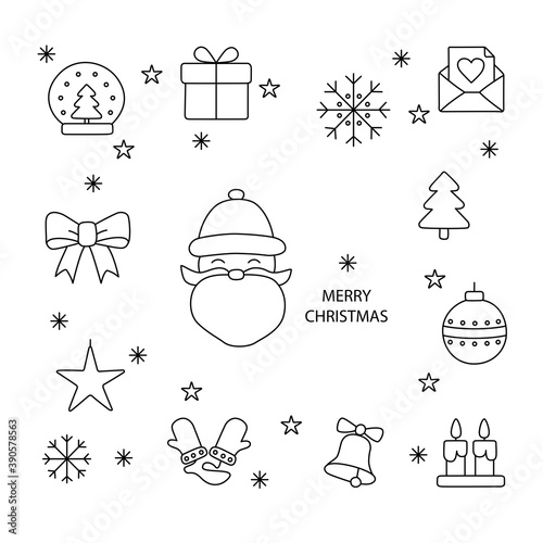Merry Christmas icons set. Thin line hand drawn cute icon collection. New year elements ball letter snowflake snow baw bell Santa Claus gift box star candles mittens christmas tree vector illustration