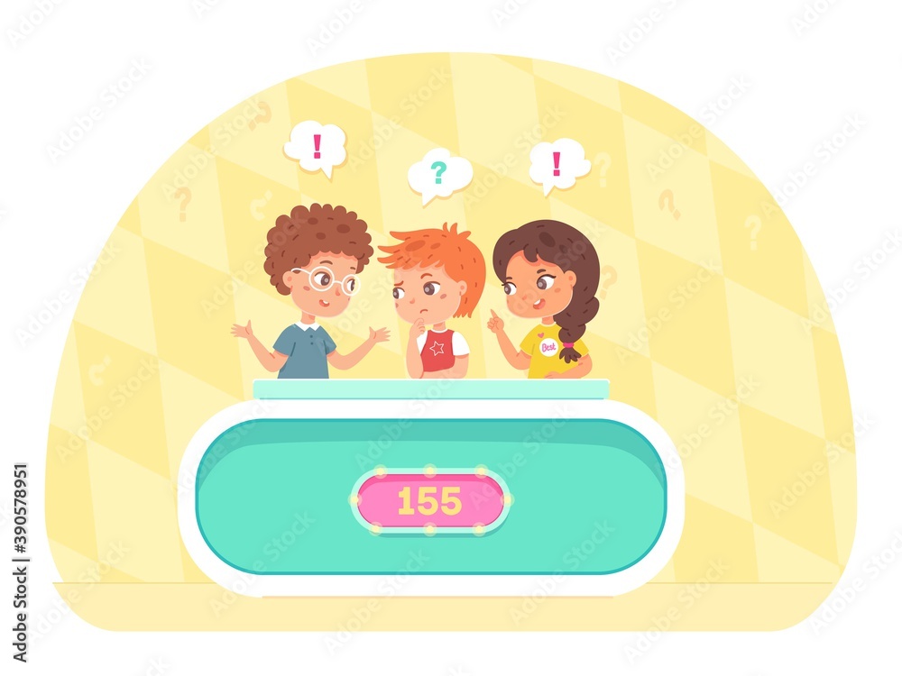 Kids playing quiz game. Smart boys and girl in team discussing answer