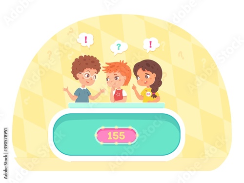 Kids playing quiz game. Smart boys and girl in team discussing answer to question together in competition, score on board. Television trivia show, tv entertainment vector illustration