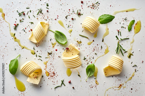 Five butter curls with assorted condiments