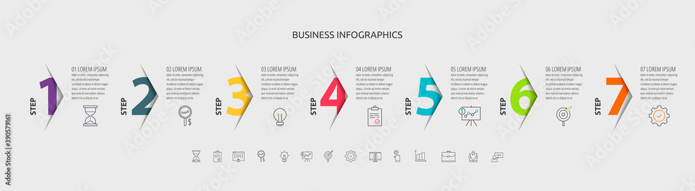 Vector infographic with 7 step, label, numeral, icons. Timeline used ...