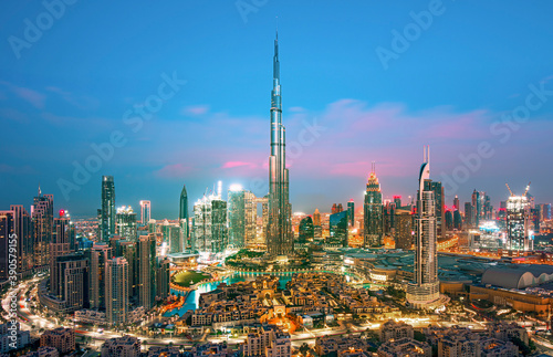 Dubai city center view at sunrise, United Arab Emirates