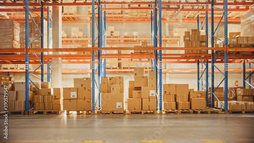 Tableau sur toile Large Retail Warehouse full of Shelves with Goods in Cardboard Boxes and Packages without People