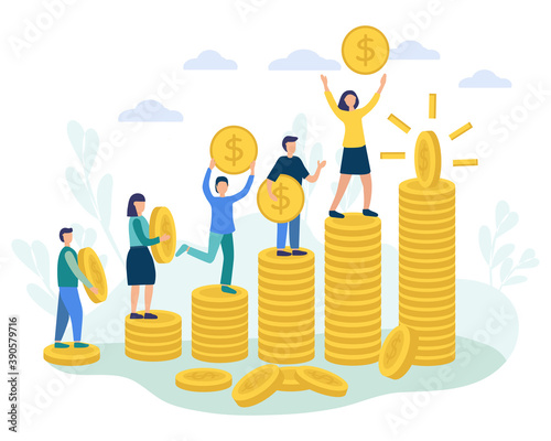 People are moving up to a successful career. Money motivation, achieving a goal. gold coins. Teamwork. Getting a cacheback, profits, personal investments, pension savings. vector for advertising, web