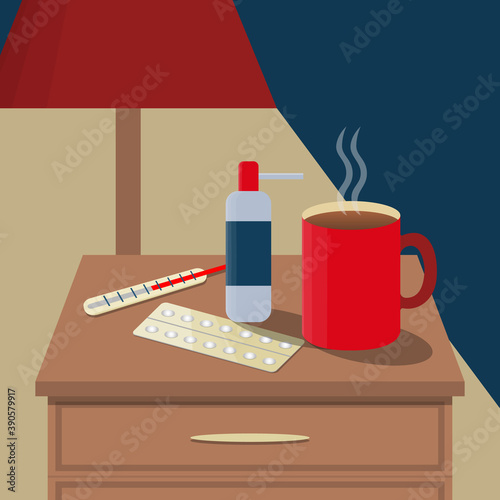Medicine and cup of tea on the bedside table. Disease concept: pills, thermometer, throat spray by the bed, night, lamp, dark background. Vector flat illustration of illness, infection, treatment.
