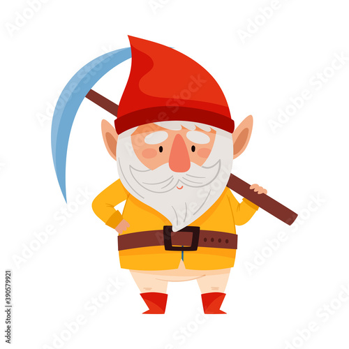 Bearded Gnome Character with Red Pointed Hat Holding Pickaxe Vector Illustration