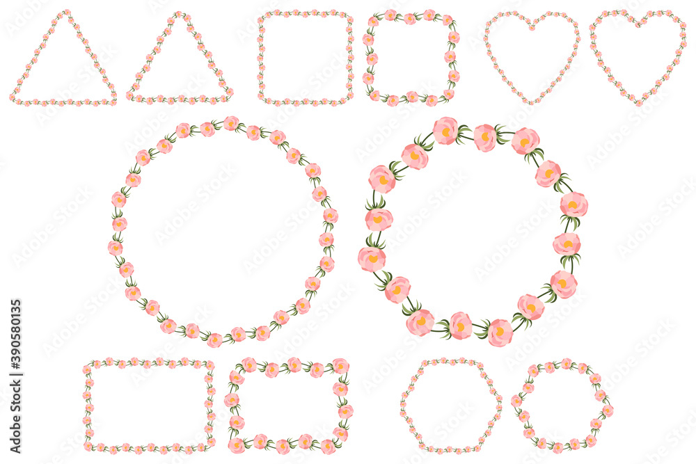 Simple pink peony frame for print design. Trendy pattern for wedding invitation, greeting card. Six shape of wreath - sircle, heart, square, hexagon, rectangle, triangle. Simple pink peony frame for print design. Trendy pattern for wedding invitation, greeting card. Six shape of wreath - sircle, heart, square, hexagon, rectangle, triangle.