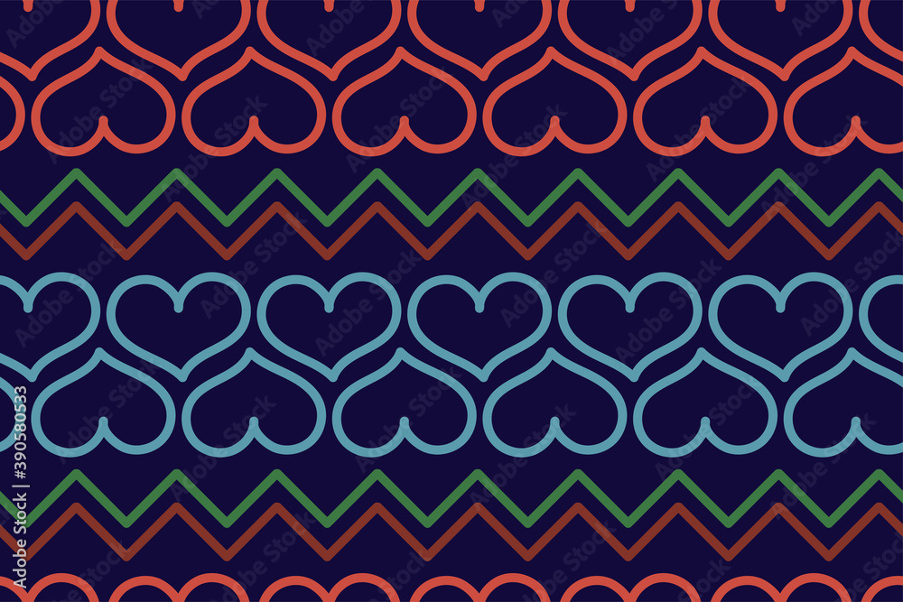 Red and blue outlines hearts with green zigzag. Vector illustration of a print for a greeting card. Seamless bright pattern Red and blue outlines hearts with green zigzag. Vector illustration of a print for a greeting card. Seamless bright pattern