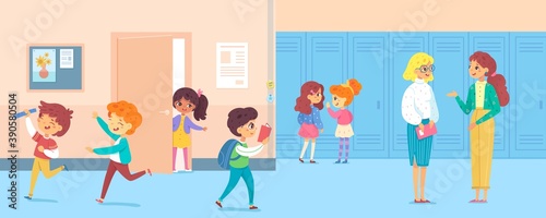 Children and teachers at school hall. Happy cute girls and boys talking during break, laughing, young teachers standing. Education vector illustration. Lockers and classroom in background